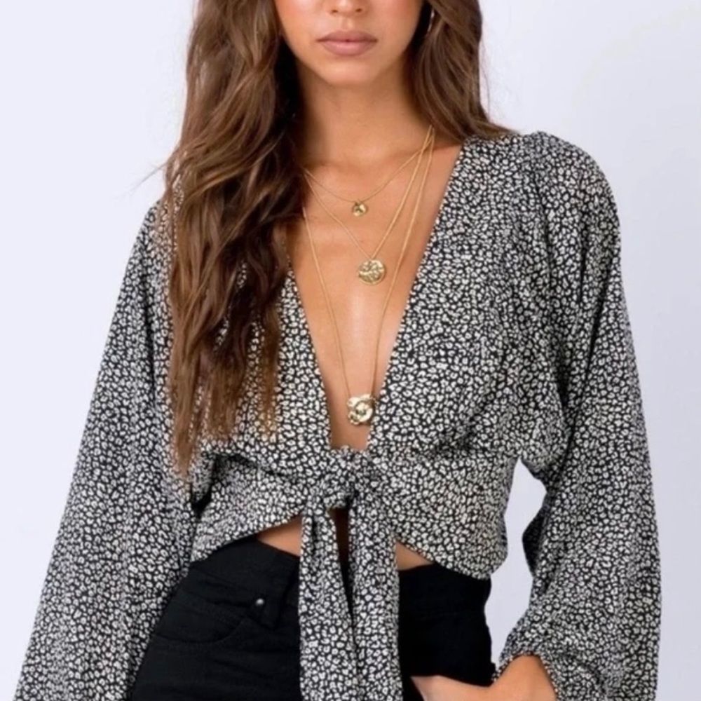 Women's Black and White Tie-Front Top